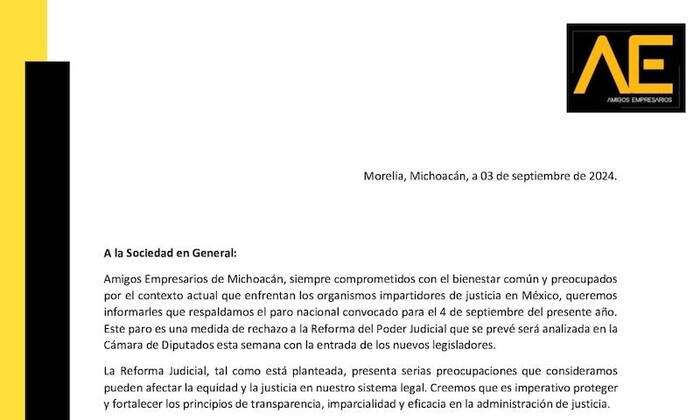 Amigos Empresarios de Michoacán respalda paro nacional en defensa del Poder Judicial