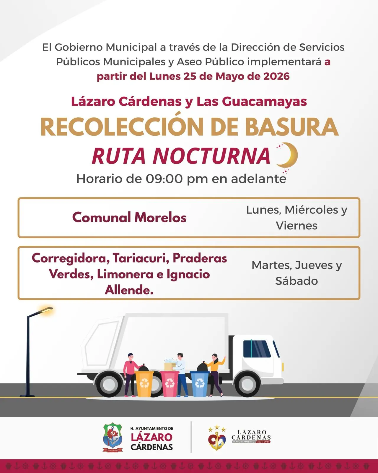 Amplían rutas nocturnas de recolección de basura en Lázaro Cárdenas y Las Guacamayas