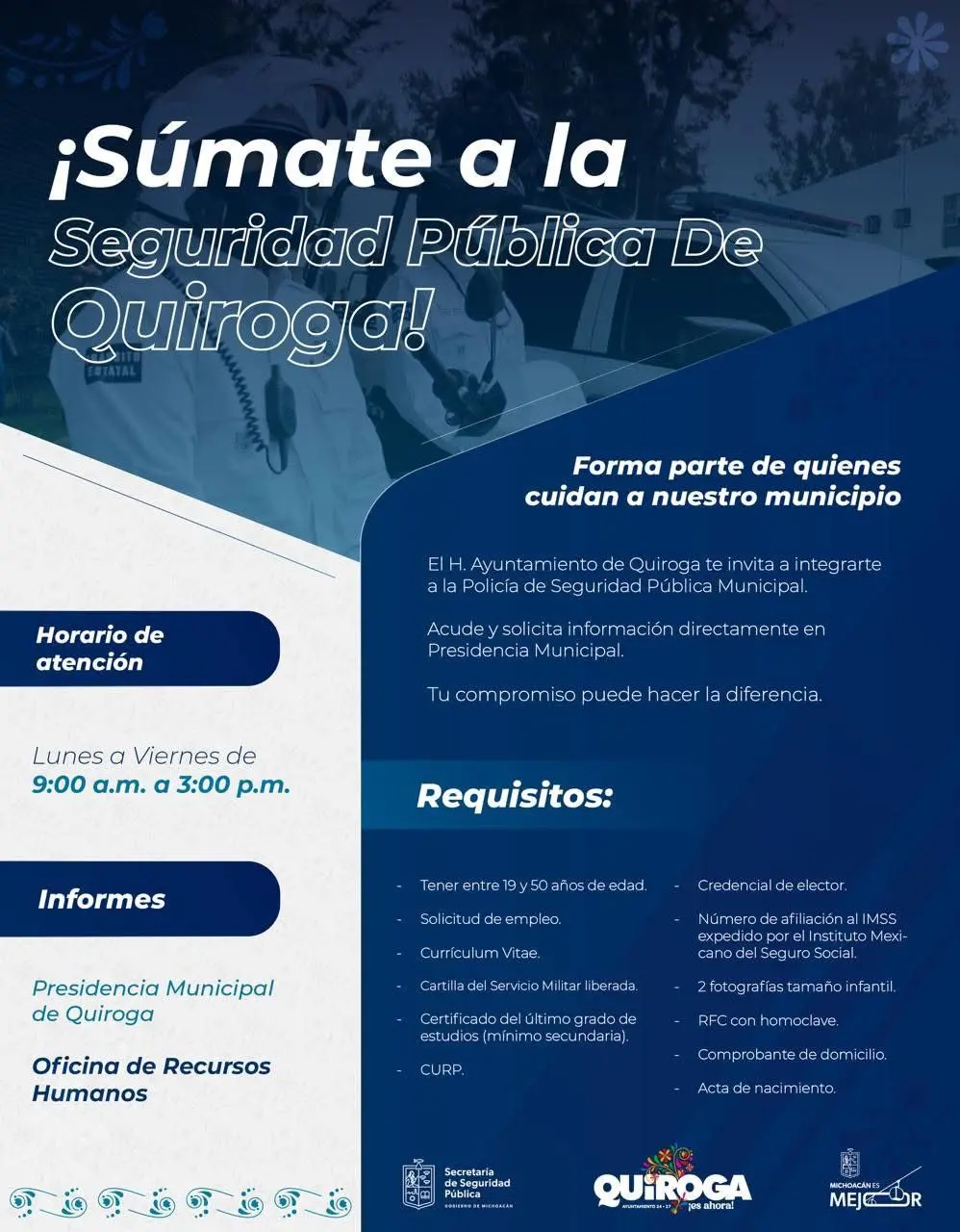 Ayuntamiento de Quiroga convoca a integrarse a la Policía de Seguridad Pública Municipal