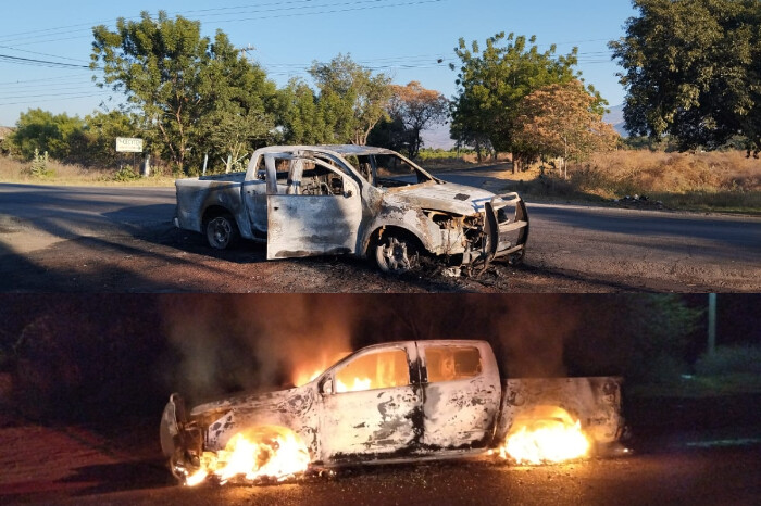 Camioneta arde en llamas a un costado de la carretera Apatzingán – El Recreo