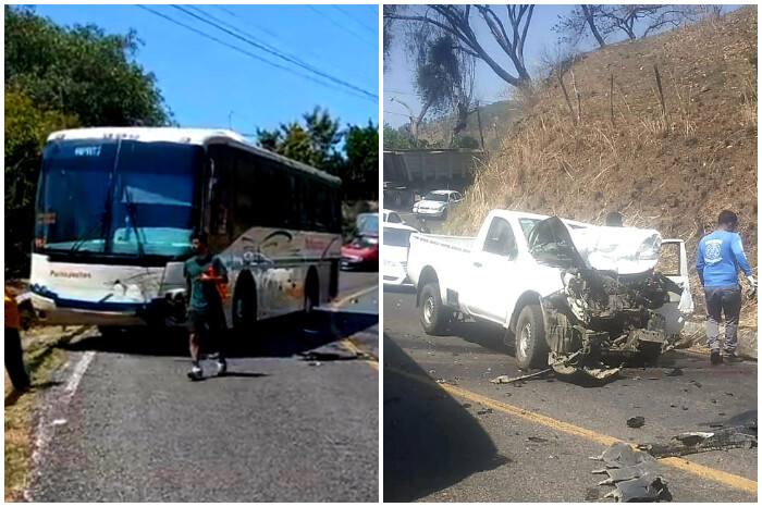 Camioneta choca contra autobús, en la carretera Uruapan-Lombardía; hay dos heridos