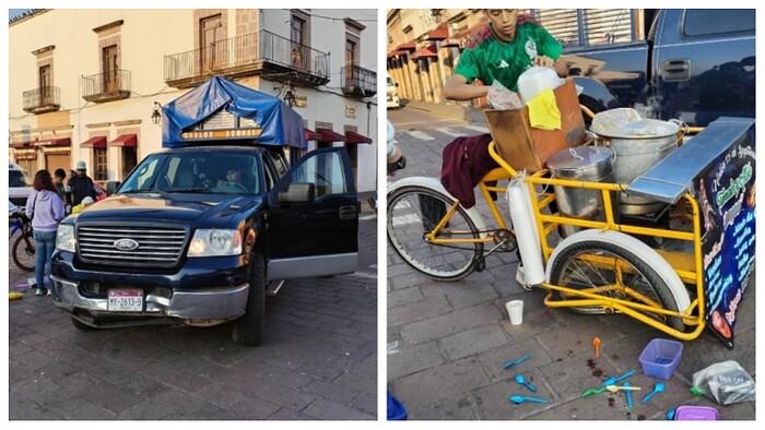 Camioneta choca contra triciclo de tamales y bolardo en el centro de Morelia