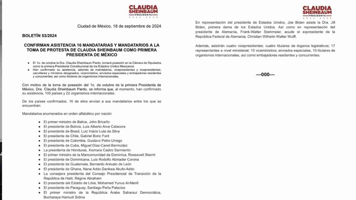 CONFIRMAN ASISTENCIA 16 MANDATARIAS Y MANDATARIOS A LA TOMA DE PROTESTA DE CLAUDIA SHEINBAUM COMO PRIMERA PRESIDENTA DE MÉXICO