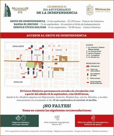 Conoce los cierres viales por las fiestas patrias en el centro histórico de Morelia