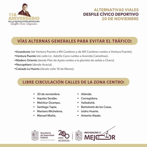 Conoce los cierres y vías alternas por el desfile del 20 de noviembre en el Centro de Morelia