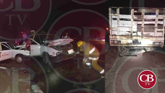 Cuatro heridos deja brutal choque de camioneta y taxi