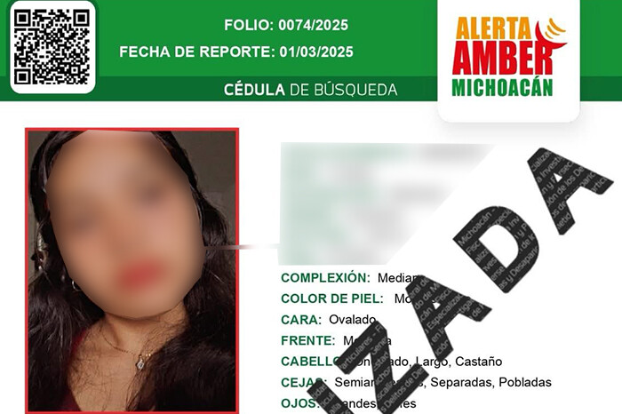 Desactivan Alerta Amber tras localizar a adolescente desaparecida en Morelia