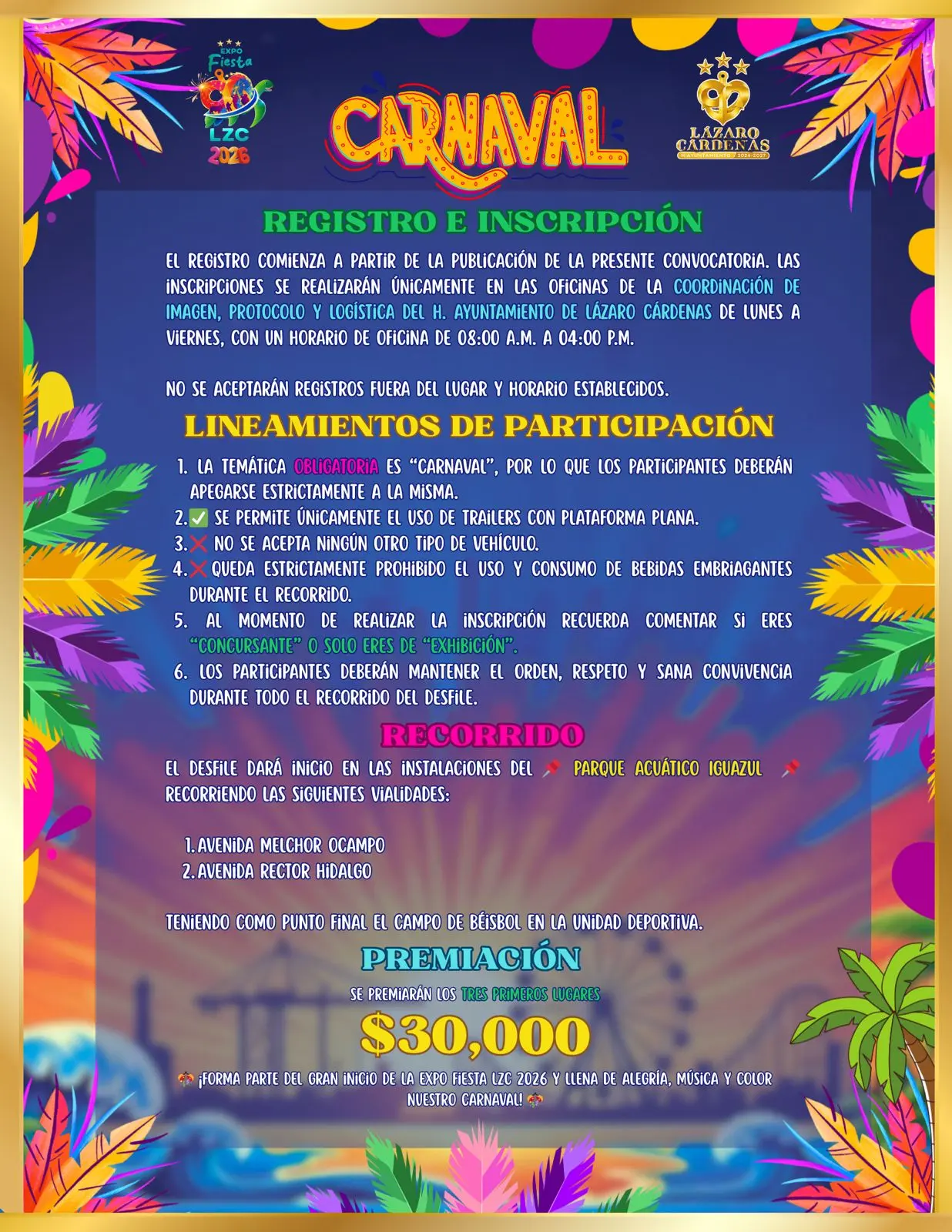 Desfile “Carnaval” de la Expo Fiesta LZC 2026 Premiará con 30 Mil Pesos a los Tres Primeros Lugares