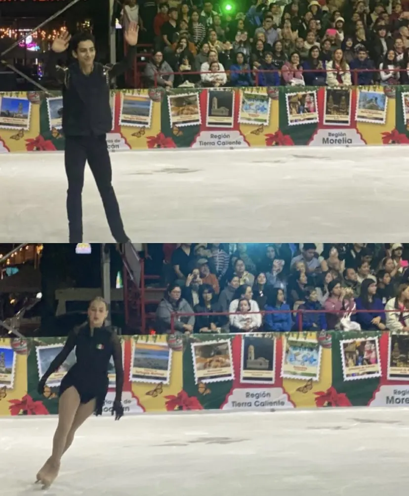 Donovan Carrillo y Azalea Contreras inauguran pista de hielo de la Villa Navideña