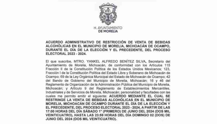 Emite Ayuntamiento de Morelia acuerdo para la restricción de venta de alcohol durante jornada electoral