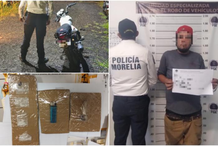 En la colonia San Pascual, detiene Policía Morelia a un hombre con una moto robada y varias dosis de cristal