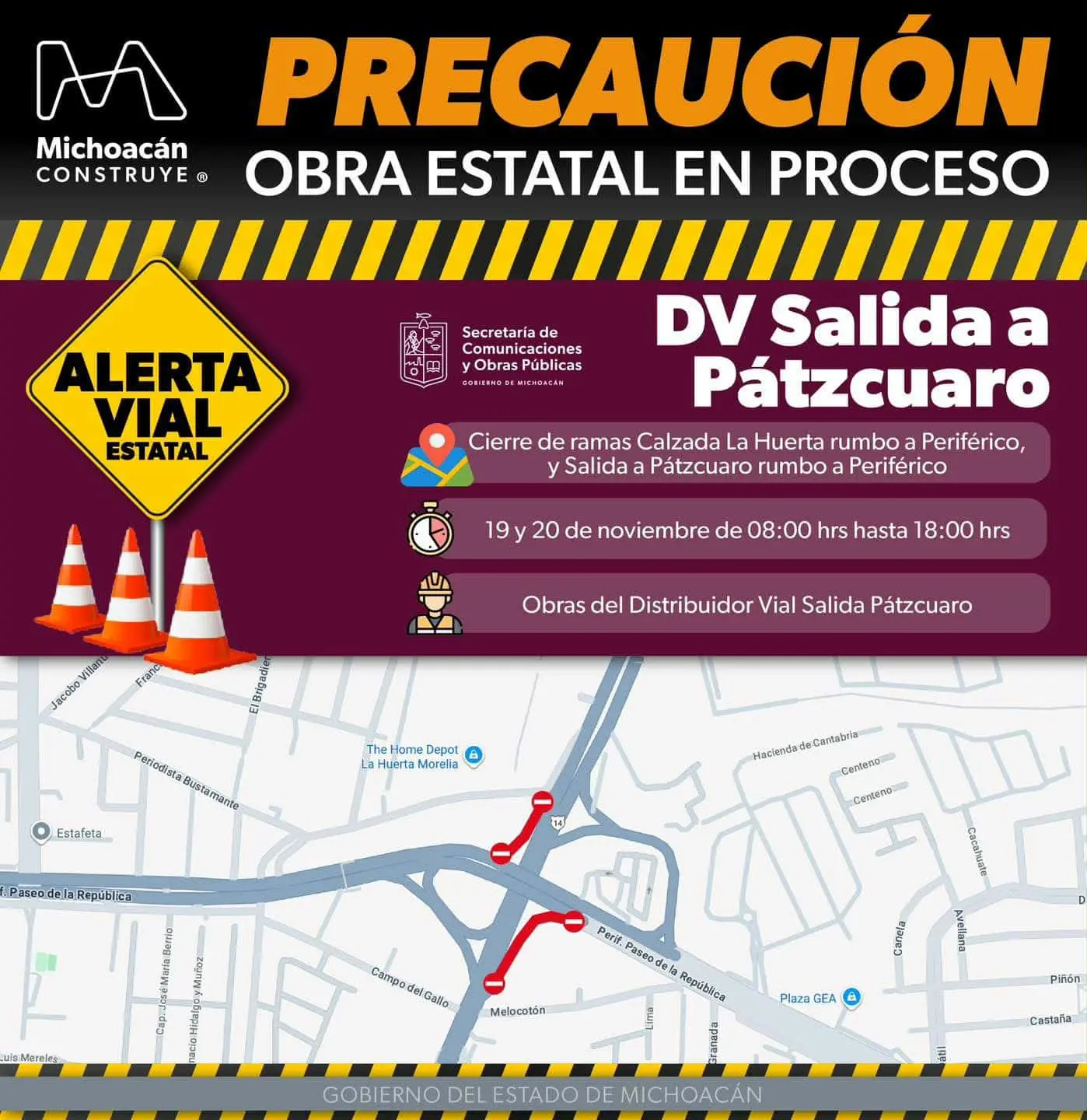 Este 19 y 20 de noviembre cierres intermitentes por tendido de cables en obra de DV Salida Pátzcuaro