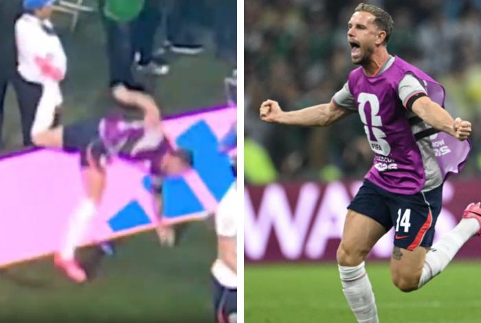 Jordan Henderson sufre una aparatosa caída durante festejo por el triunfo ante México