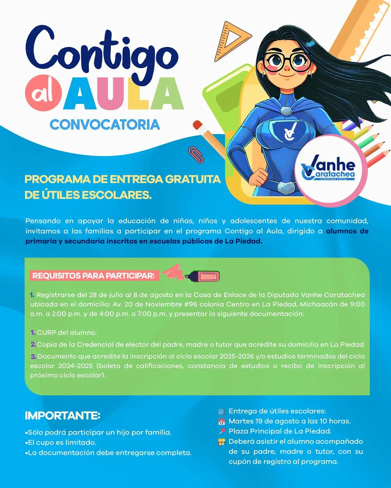 Lanza Vanhe Caratachea “Contigo al Aula”, programa de útiles escolares gratuito para familias de La Piedad.
