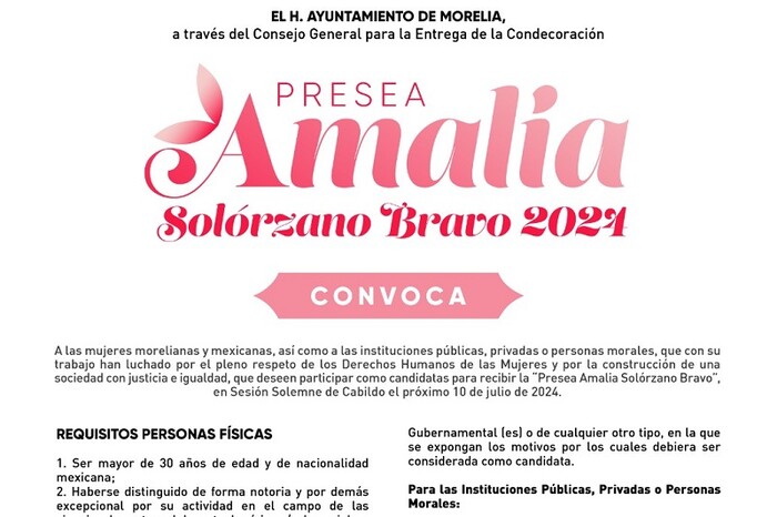 Último día para participar en la convocatoria a la Presea “Amalia Solórzano” 2024