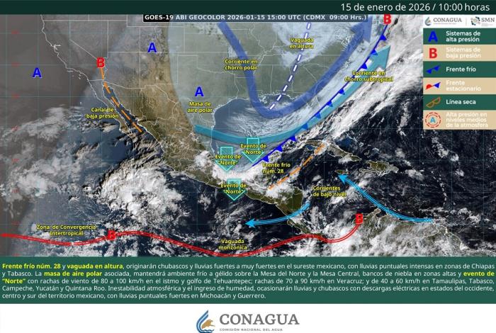 Mantiene Protección Civil alerta por paso del frente frío no. 28 y el ingreso de un nuevo sistema frontal; exhorta a reforzar medidas de autocuidado.