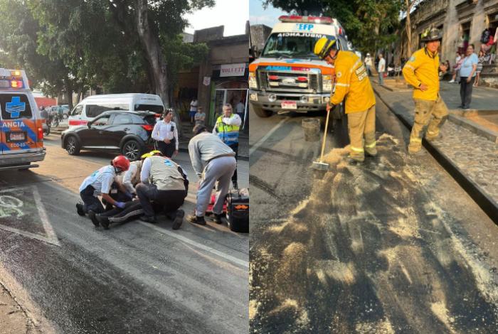 Mujer queda herida tras derrapar en moto por derrame de aceite en plena av. Madero, en Morelia