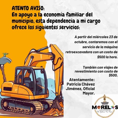 Ofrece Ayuntamiento de Morelos servicios de construcción a precios accesibles para impulsar el desarrollo comunitario