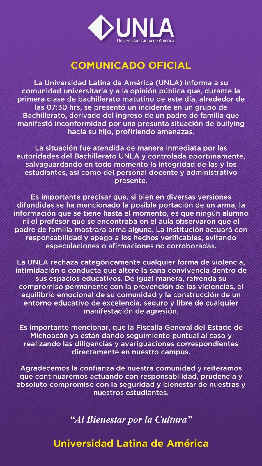 Padre de familia que amenazó a los alumnos de la UNLA es investigado por la FGE
