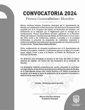 Participa y obtén la Presea Generalísimo Morelos