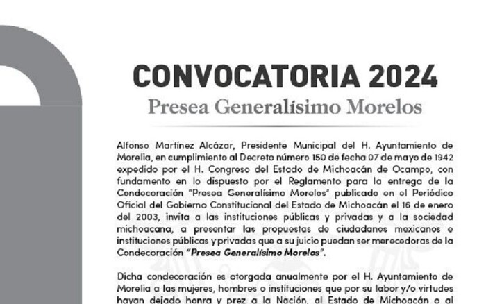 Participa y obtén la Presea Generalísimo Morelos: Ayuntamiento de Morelia