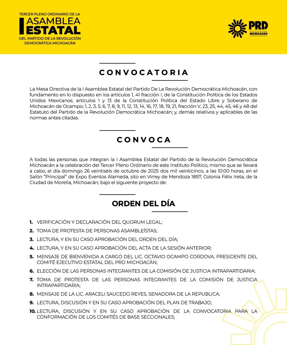 PRD Michoacán celebrará su Asamblea Estatal para definir rumbo hacia 2027