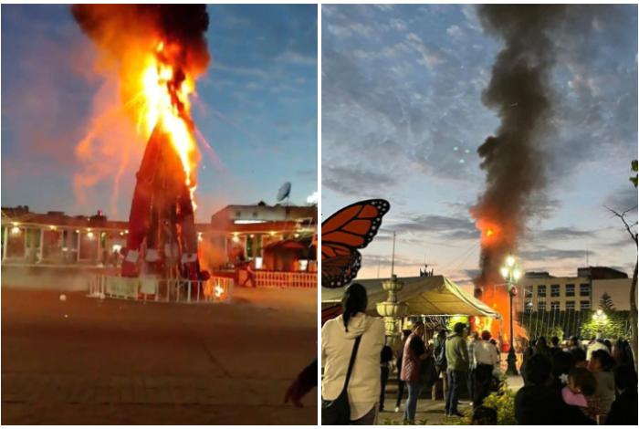 Queman árbol navideño en Zitácuaro durante protesta por el asesinato de Ángeles Esquivel