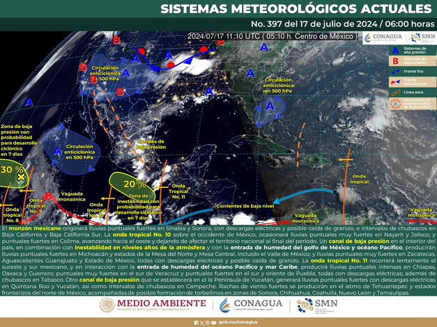 Se prevén lluvias intensas en Guerrero, Oaxaca y Chiapas este miércoles