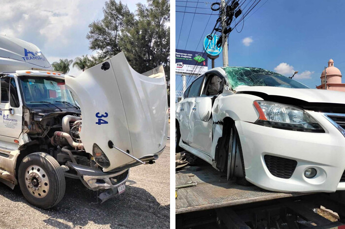 Tráiler choca contra auto y lo proyecta contra otro tractocamión en Morelia