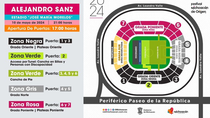 Ubica tu zona y accesos para el concierto de Alejandro Sanz en el Morelos