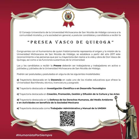 UMSNH invita a postular candidatas y candidatos a la “Presea Vasco de Quiroga”