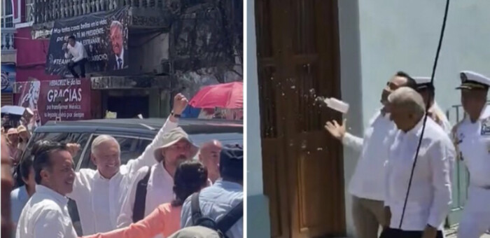 #Video | AMLO agredido con botella de agua por presuntos trabajadores del PJ en Veracruz