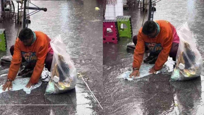 Video: Hombre en situación de calle aprovecha los charcos para lavar su ropa